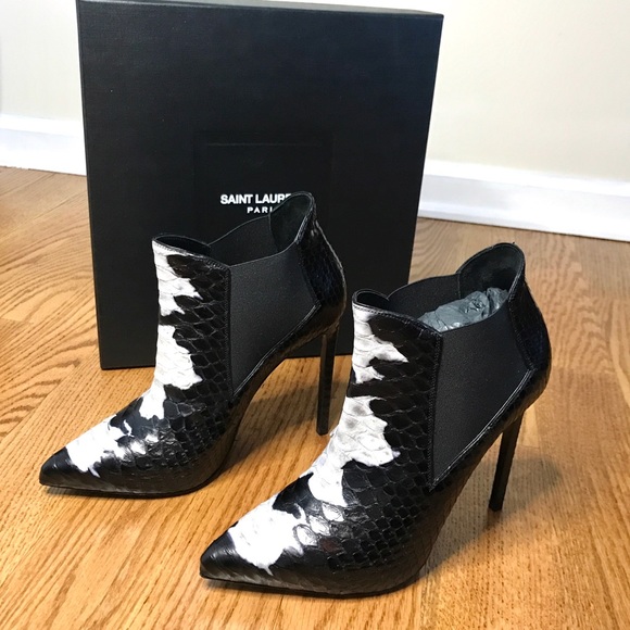 Saint Laurent Shoes - Saint Laurent Black White Python Bootie